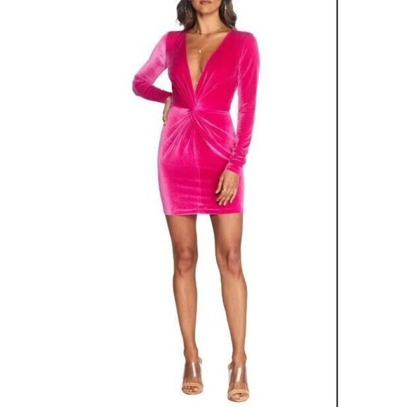 Cosmo Dress the Population Women's Sz S Fuchsia Aidan Twist Plunge Velvet Dress - Picture 10 of 10